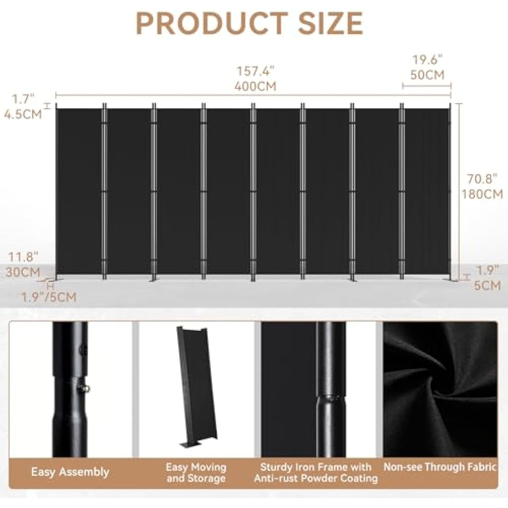 C-Hopetree 8-Panel Room Divider | 180cm Folding Privacy Screen - Black