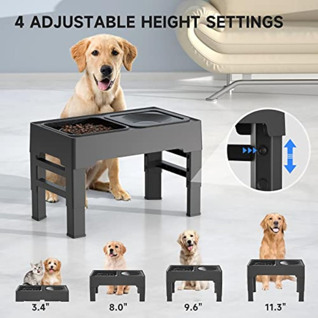 ELS PET Elevated Dog Bowl | 4 Height Adjustable Slow Feeder & No-Spill Water