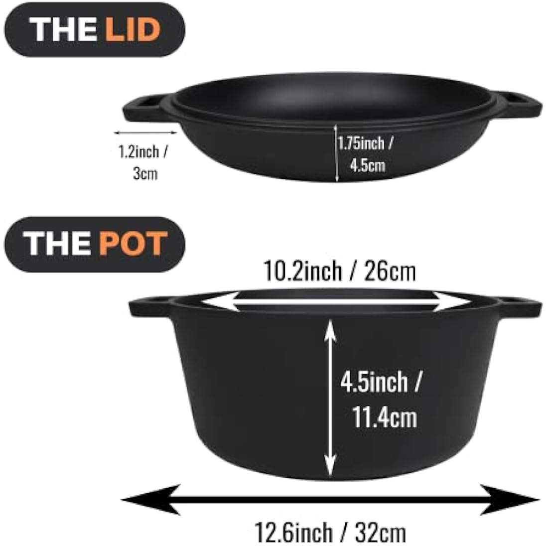 Pinnacle Cookware Pre-Seasoned Cast Iron Dutch Oven and Skillet Lid, 4.7L