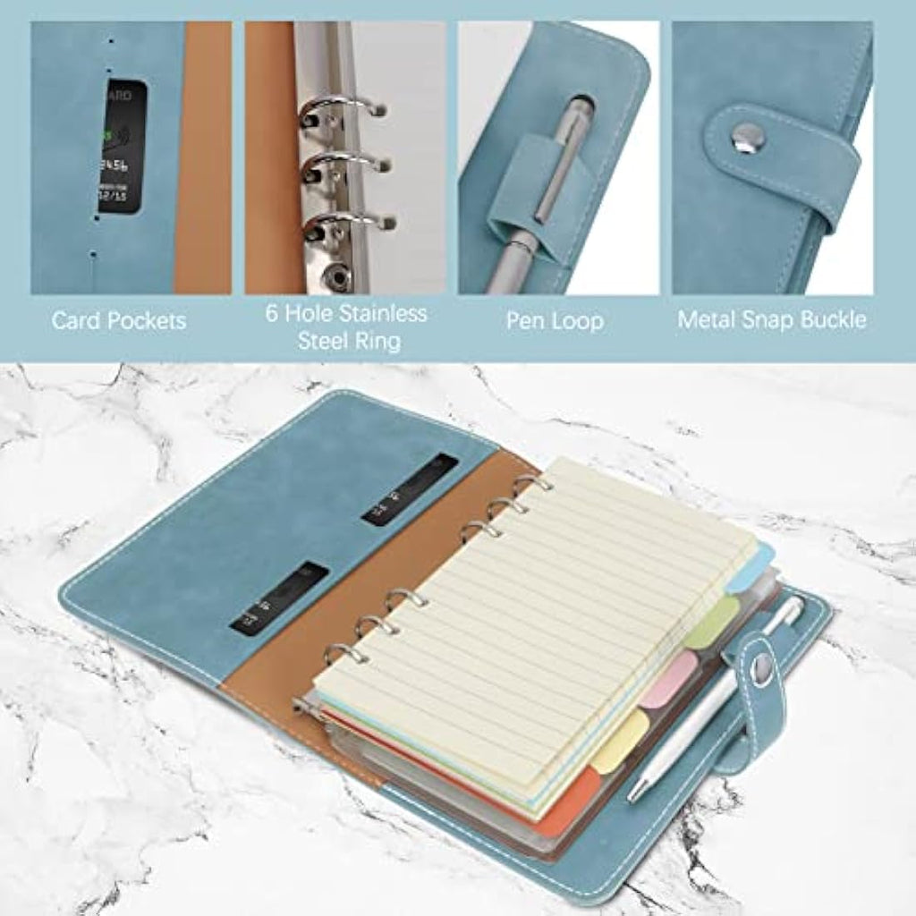 FYY A6 PU Leather 6-Ring Binder Notebook | Refillable Personal Planner, Cyan