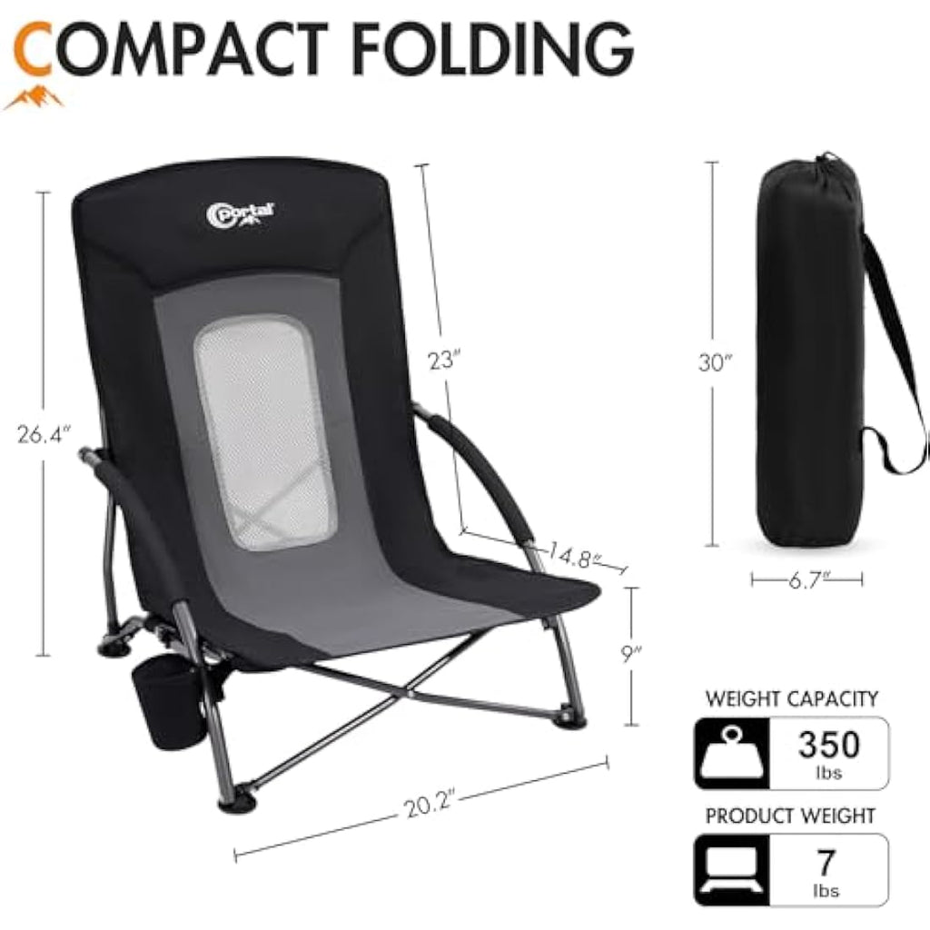 Portal Folding Beach Chair – Lightweight Low Portable Seat with Cupholder