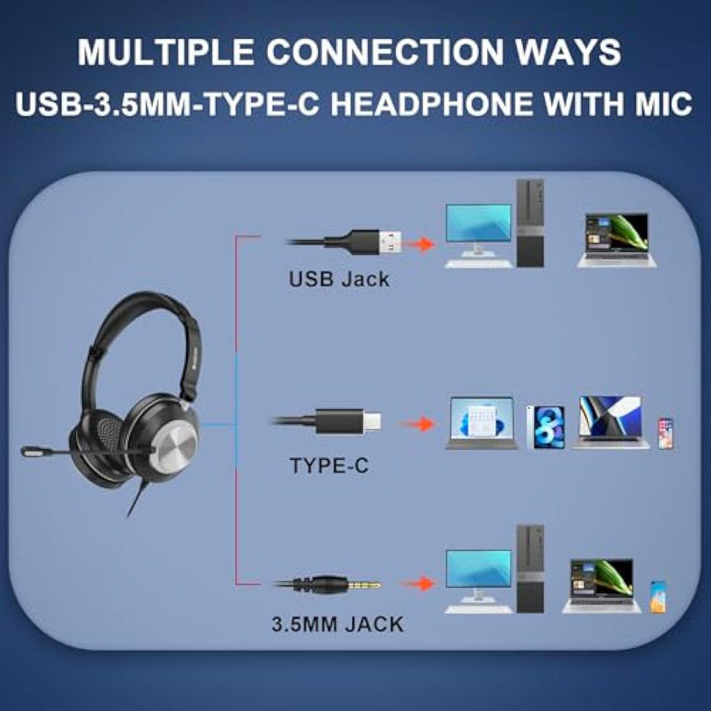 Voistek USB Headset with Noise Cancelling Mic | 3-in-1 Wired PC Headphone
