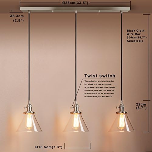 Industrial 3-Light Glass Pendant Chandelier – Brushed Metal