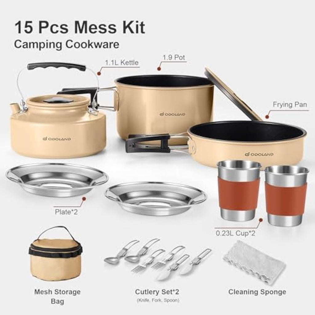 Odoland 15pcs Camping Cookware Mess Kit with Kettle and Utensils