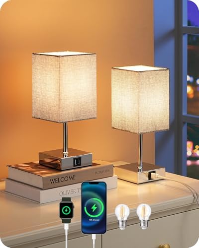EDISHINE Touch Bedside Lamps Set of 2 | 3-Way Dimmable with USB A+C