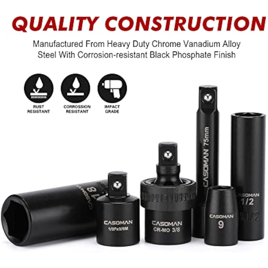 CASOMAN 3/8" Drive Impact Socket Set | 49-Piece SAE & Metric Cr-V Steel