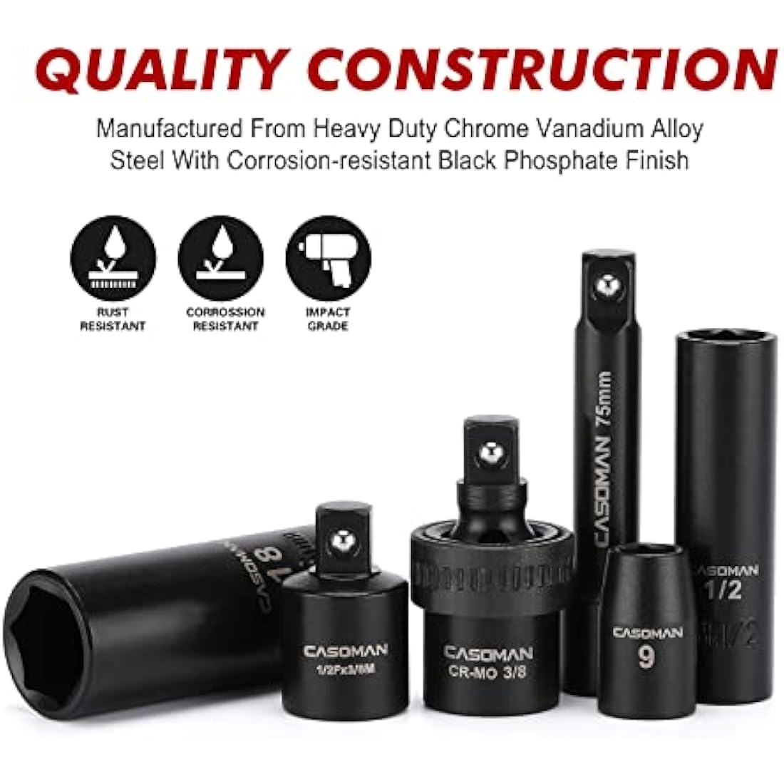 CASOMAN 3/8" Drive Impact Socket Set | 49-Piece SAE & Metric Cr-V Steel