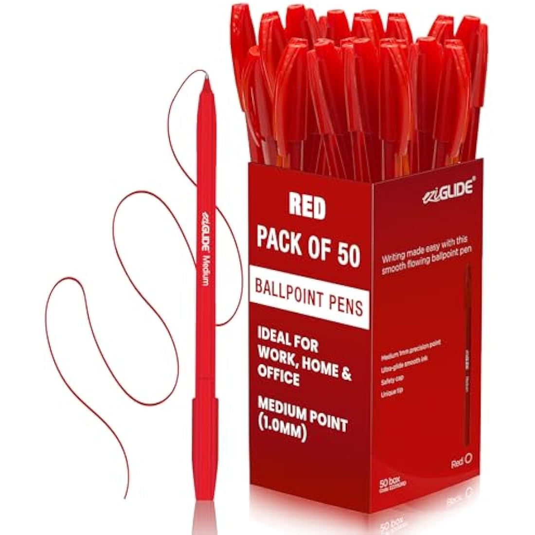 Eziglide Red Ballpoint Pens - 50 Pack Bulk Set with 1.0mm Medium Nib