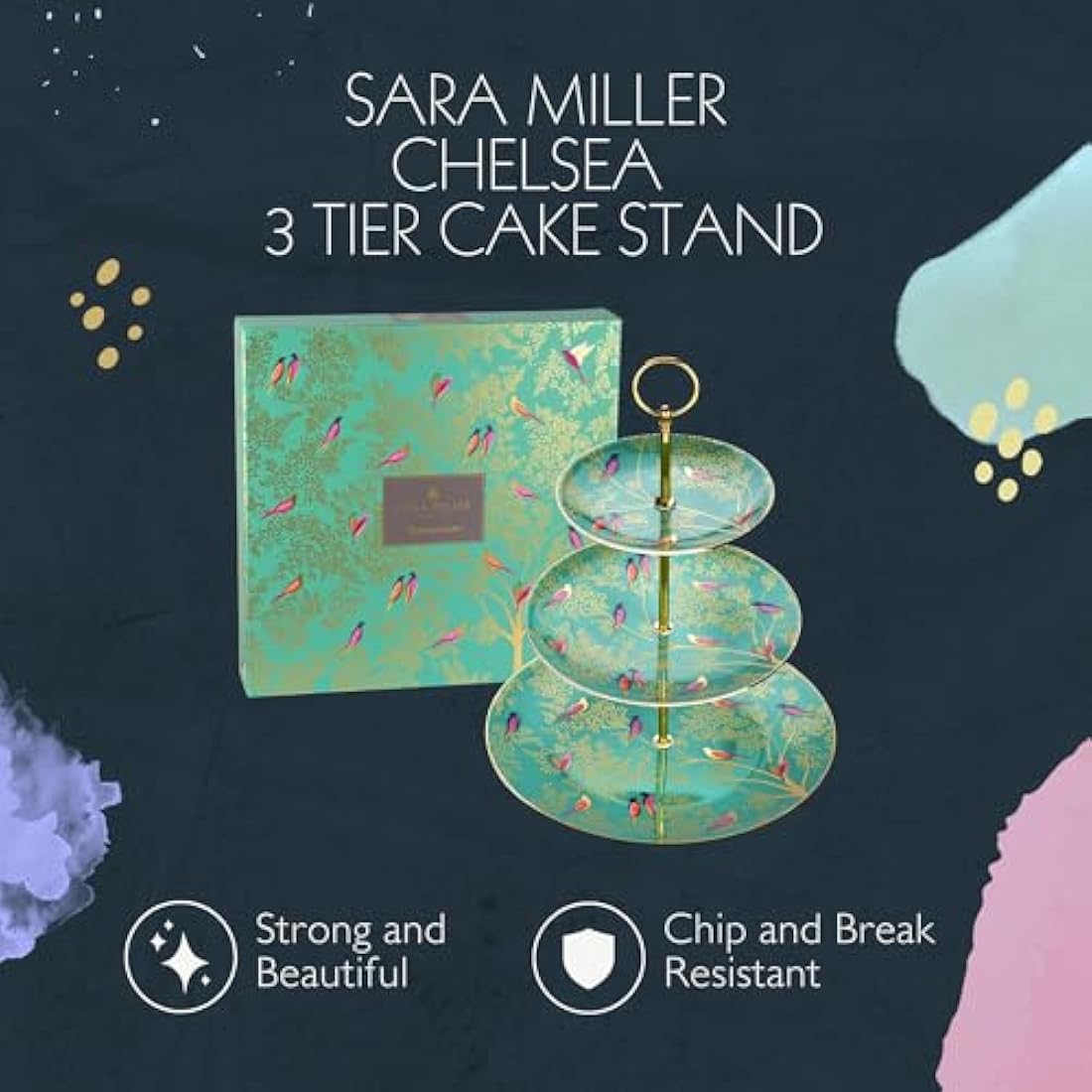 Sara Miller Chelsea 3-Tier Cake Stand - Green Fine China with Gold Detail