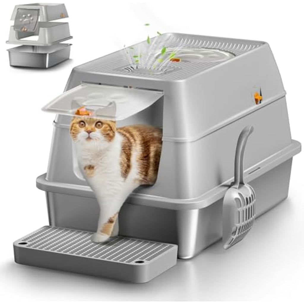 Eosarcu XXL Stainless Steel Cat Litter Box – Enclosed Odor Control Tray