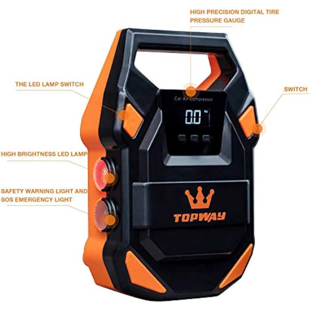 TOPWAY 12V Digital Tyre Inflator – 150 PSI Air Compressor with SOS Light