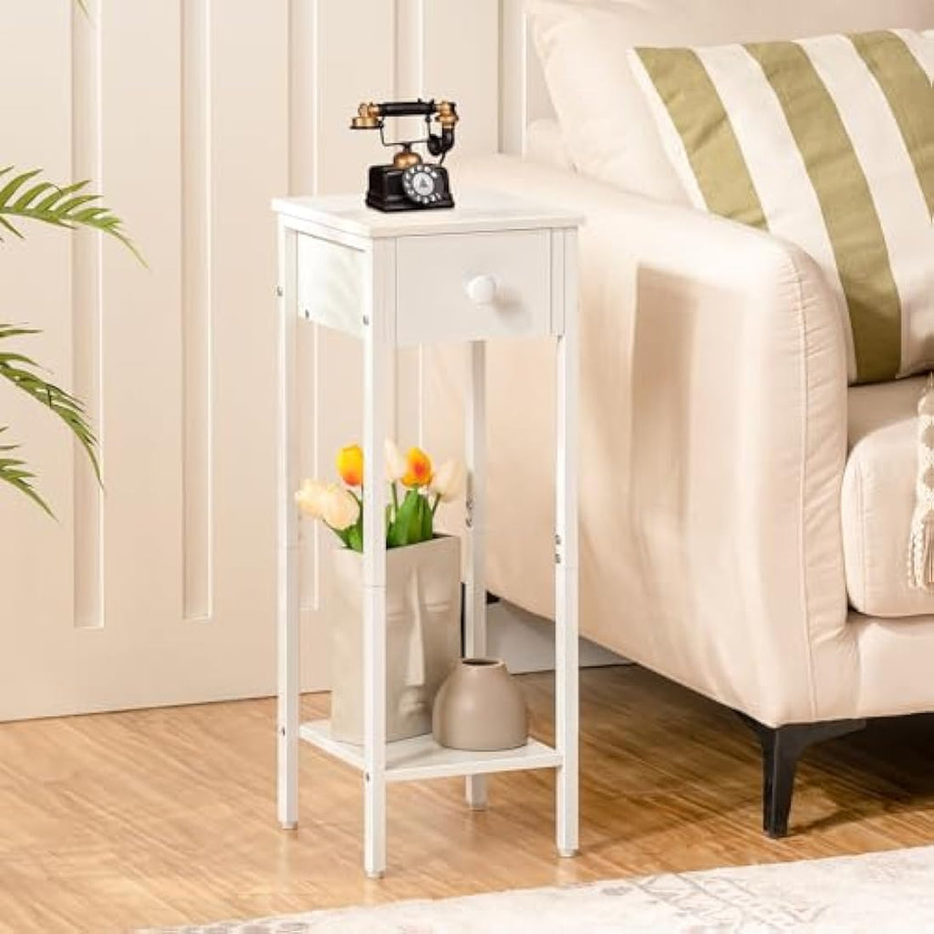 HOOBRO Slim White Bedside Table – Tall Narrow Side Table with Drawer