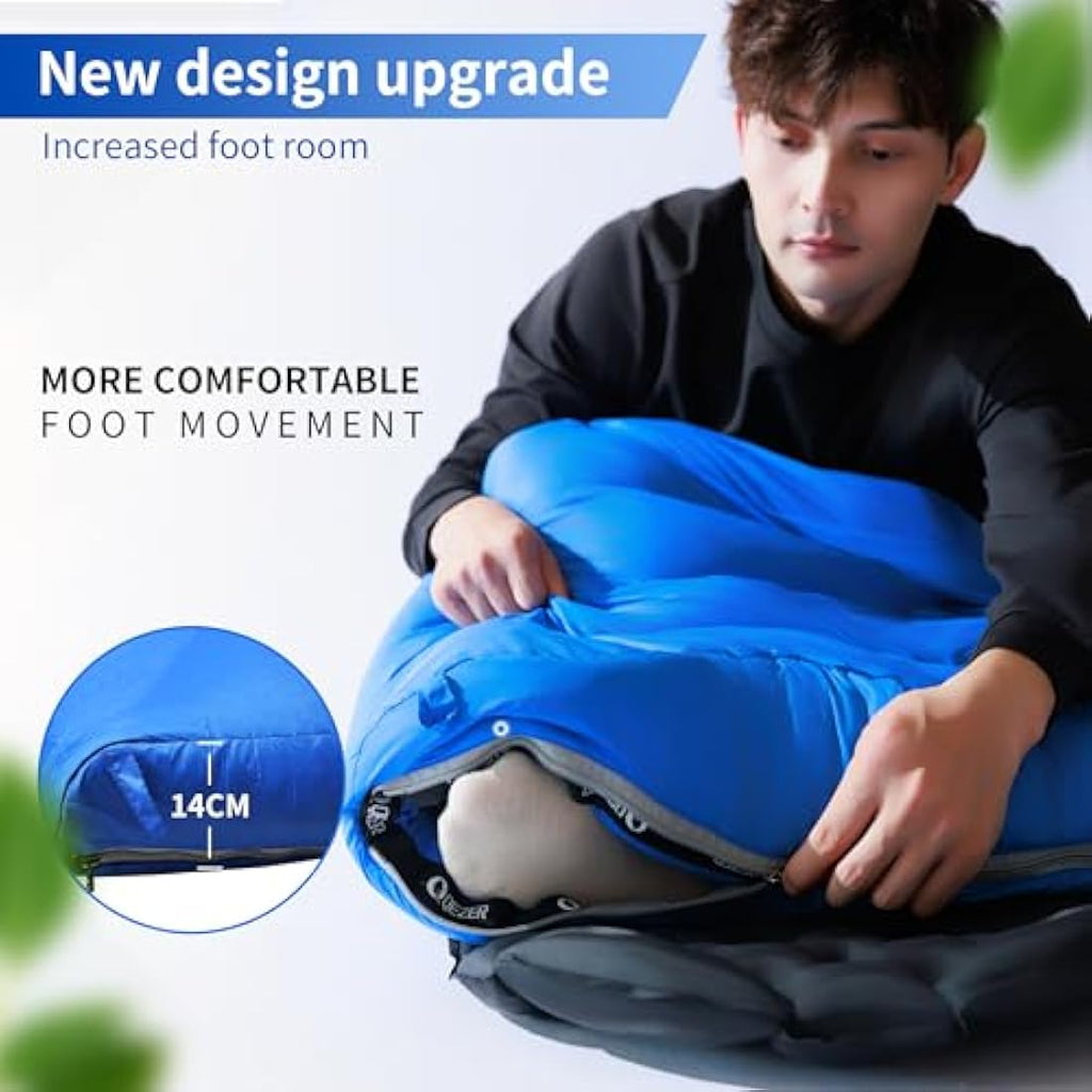 QEZER Down Sleeping Bag | Lightweight 4-Season Rectangular Nylon Bag