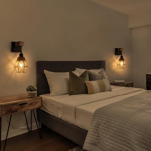FORCOSO Industrial Wood Wall Sconce 2-Pack – Vintage E27 Indoor Lights