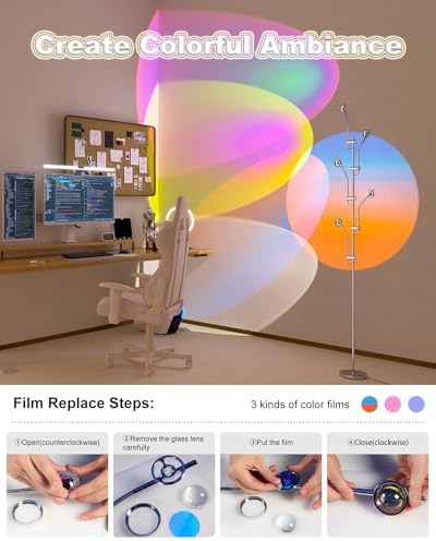 TACAHE RGBW Halo Projector Floor Lamp – 73" Chrome LED Ambient Mood Light