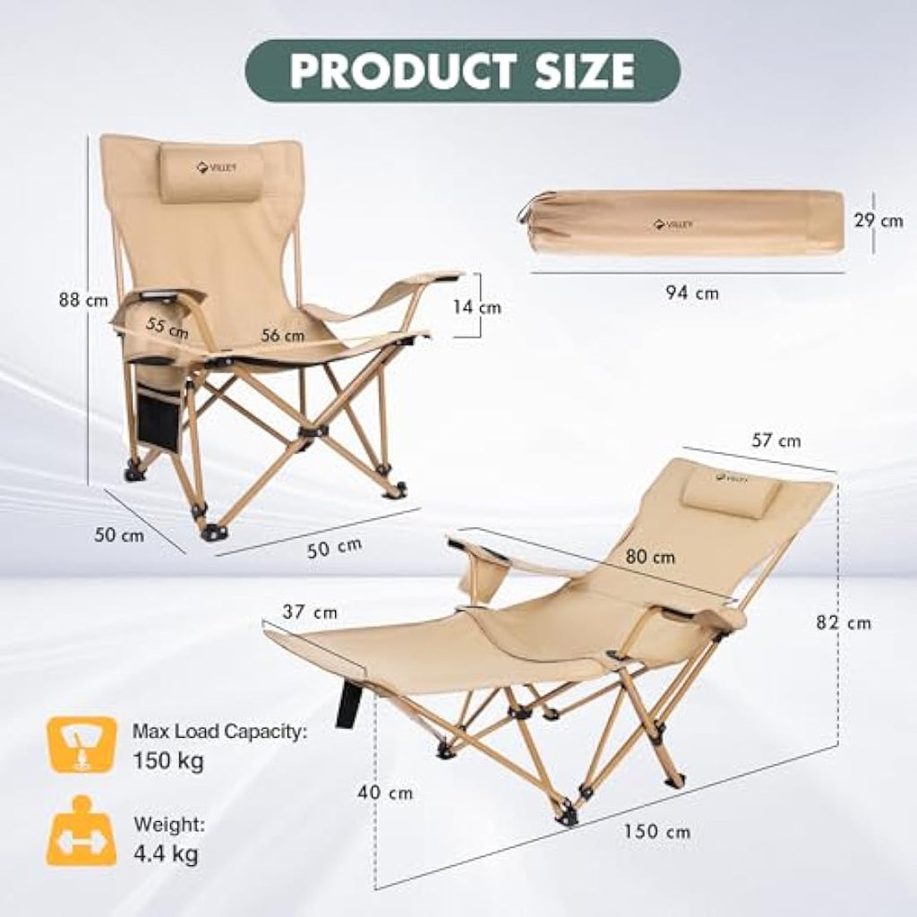 VILLEY Reclining Camping Chair | Portable 2-in-1 Lounge with Footrest