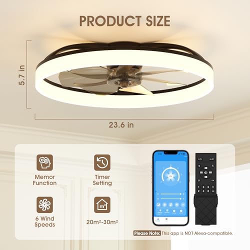 NIORSUN 60cm Smart LED Ceiling Fan with Remote | 6-Speed Dimmable Black