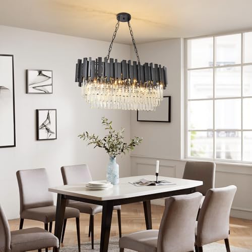 Modern Oval Crystal Chandelier – Black Pendant Light