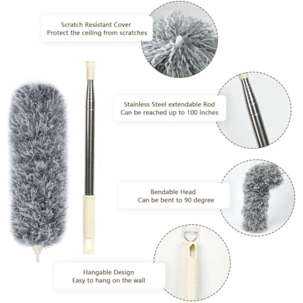 ENJSD Microfiber Feather Duster – 100in Extendable Telescopic Pole, Grey