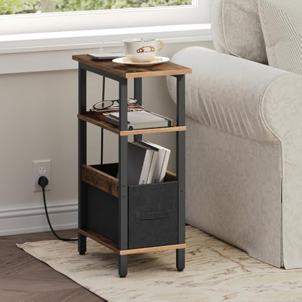 MAHANCRIS Narrow Side Table with Charging Station | 3-Tier Slim End Table