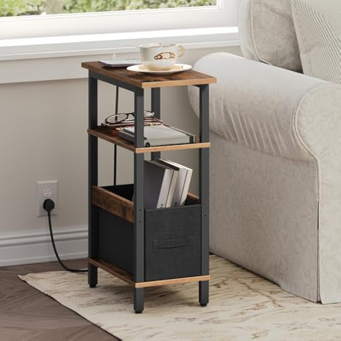 MAHANCRIS Narrow Side Table with Charging Station | 3-Tier Slim End Table