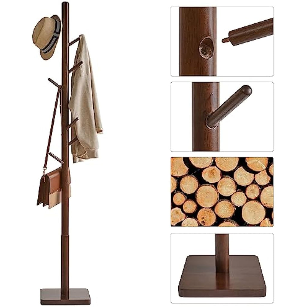 YMYNY Wooden Coat Rack Stand – 8 Hooks Height Adjustable Hall Tree