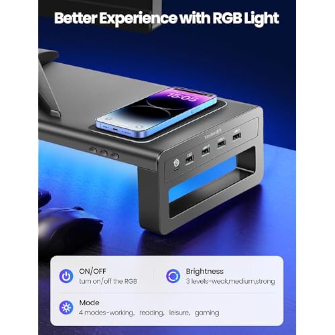 Vaydeer Monitor Stand with Wireless Charging, RGB Metal Riser & USB 3.0