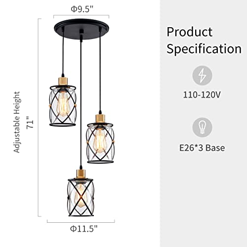 WUZUPS Industrial 3-Light Pendant Ceiling Fixture | Seeded Glass Shade