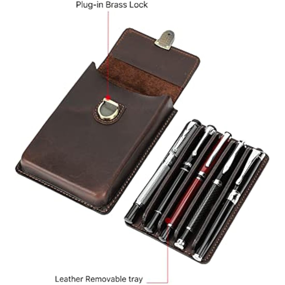 Hiram Full Grain Leather Pen Case | 5 Pen Storage with Brass Lock - Coffee