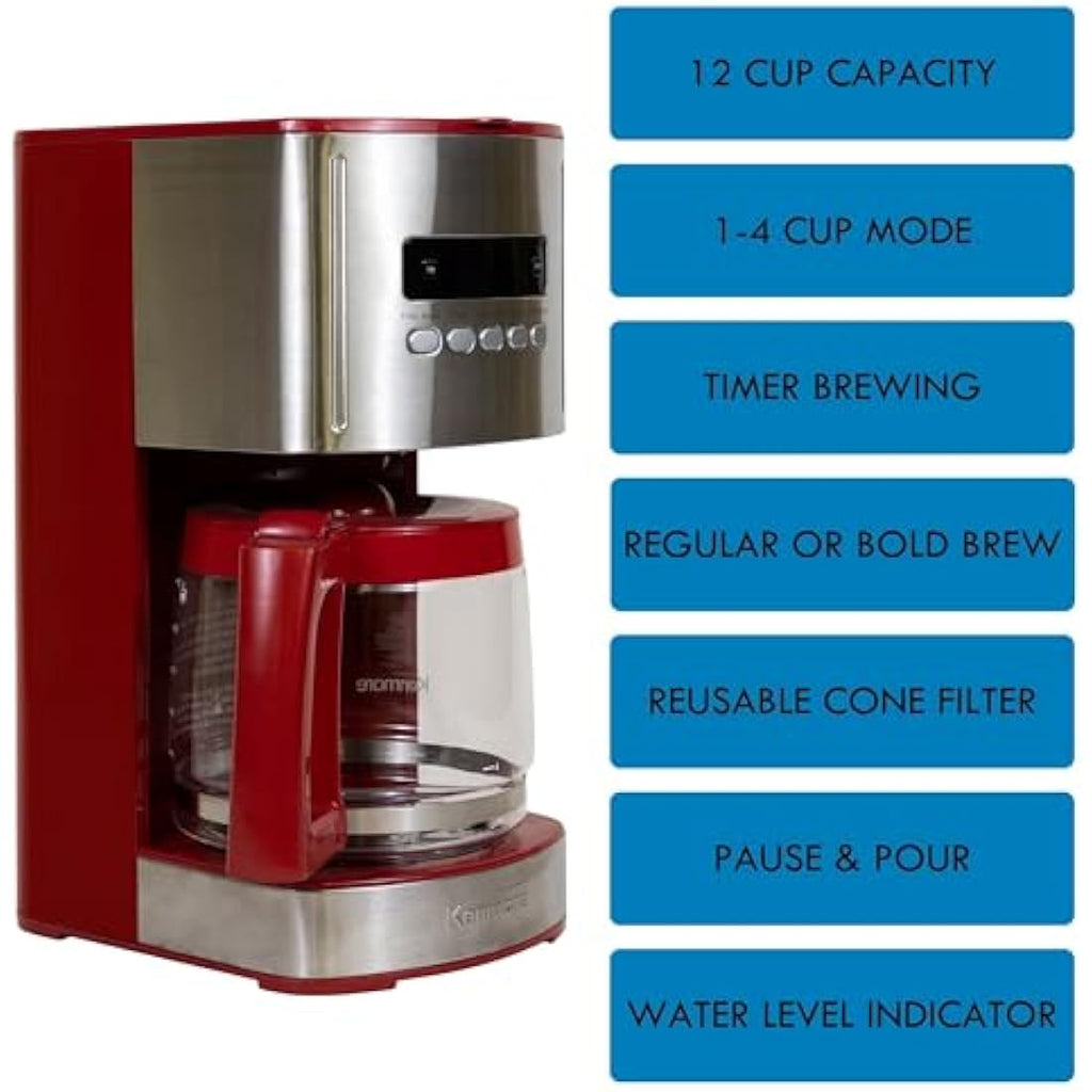 Kenmore 12-Cup Drip Coffee Maker – Programmable Filter Machine, Red