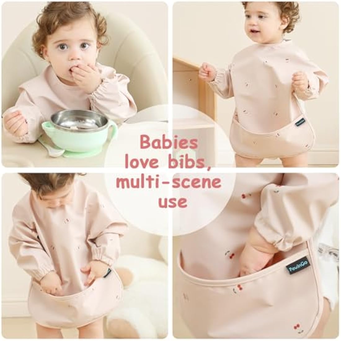 PewinGo Long Sleeve Weaning Bib – Waterproof PU Baby Coverall (Pink)