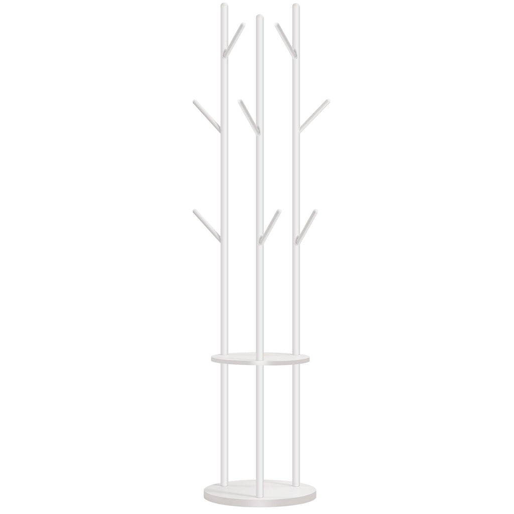 HOOBRO Freestanding Coat Rack Stand with 8 Hooks and 2 Shelves, White