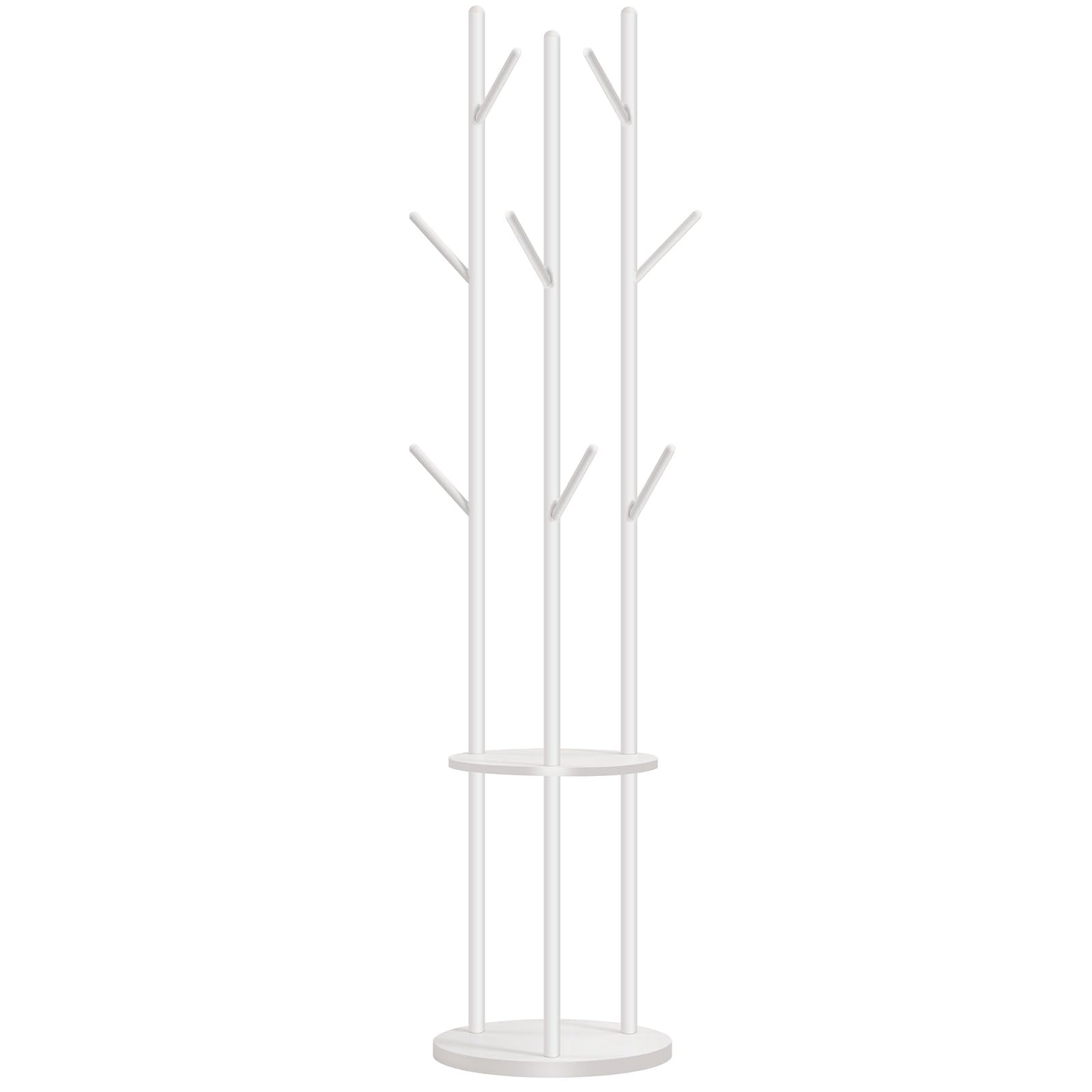 HOOBRO Freestanding Coat Rack Stand with 8 Hooks and 2 Shelves, White
