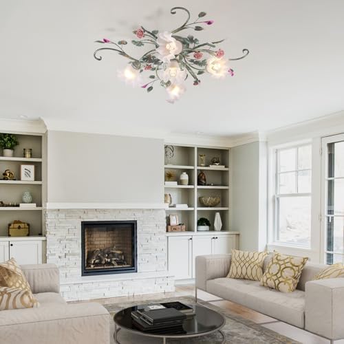 Vintage Floral Ceiling Light – Pink Ceramic Rose Chandelier