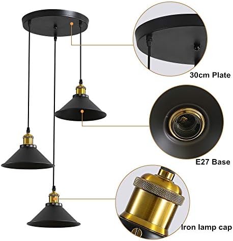 DELIPOP Industrial 3-Light Vintage Pendant Light – Black Metal E27