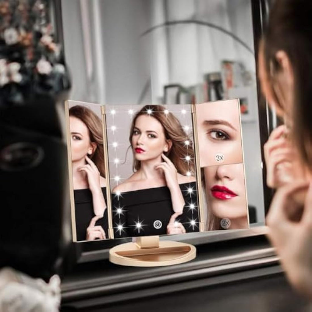 WEILY Tri-Fold LED Makeup Mirror | 2X/3X Magnifying Vanity Mirror - Gold