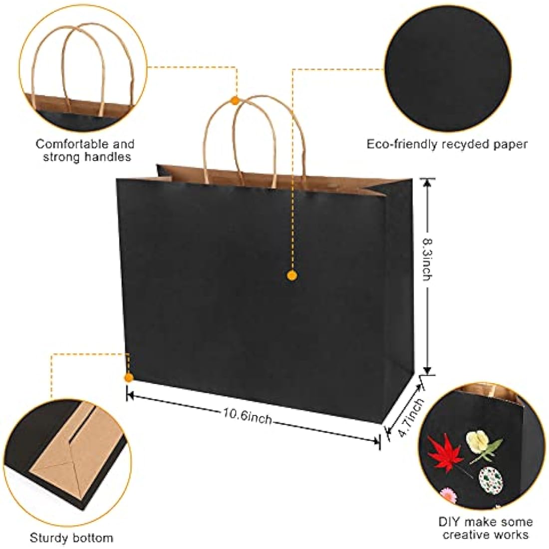 Black Paper Gift Bags with Handles - 20 Pcs (27x12x21cm)