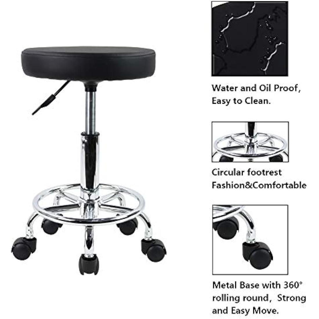 KKTONER PU Leather Rolling Stool - Adjustable Swivel Salon Chair with Footrest