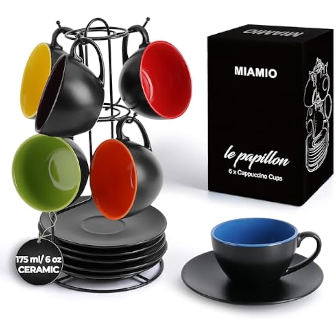 MIAMIO Ceramic Cappuccino Cups Set of 6 with Metal Stand – 175ml
