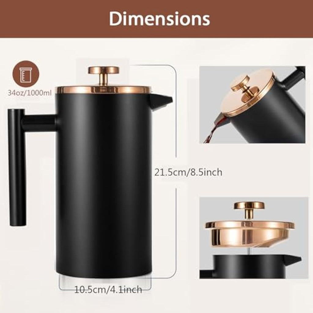 Wrobic French Press Coffee Maker – 34oz Insulated Stainless Steel Brewer
