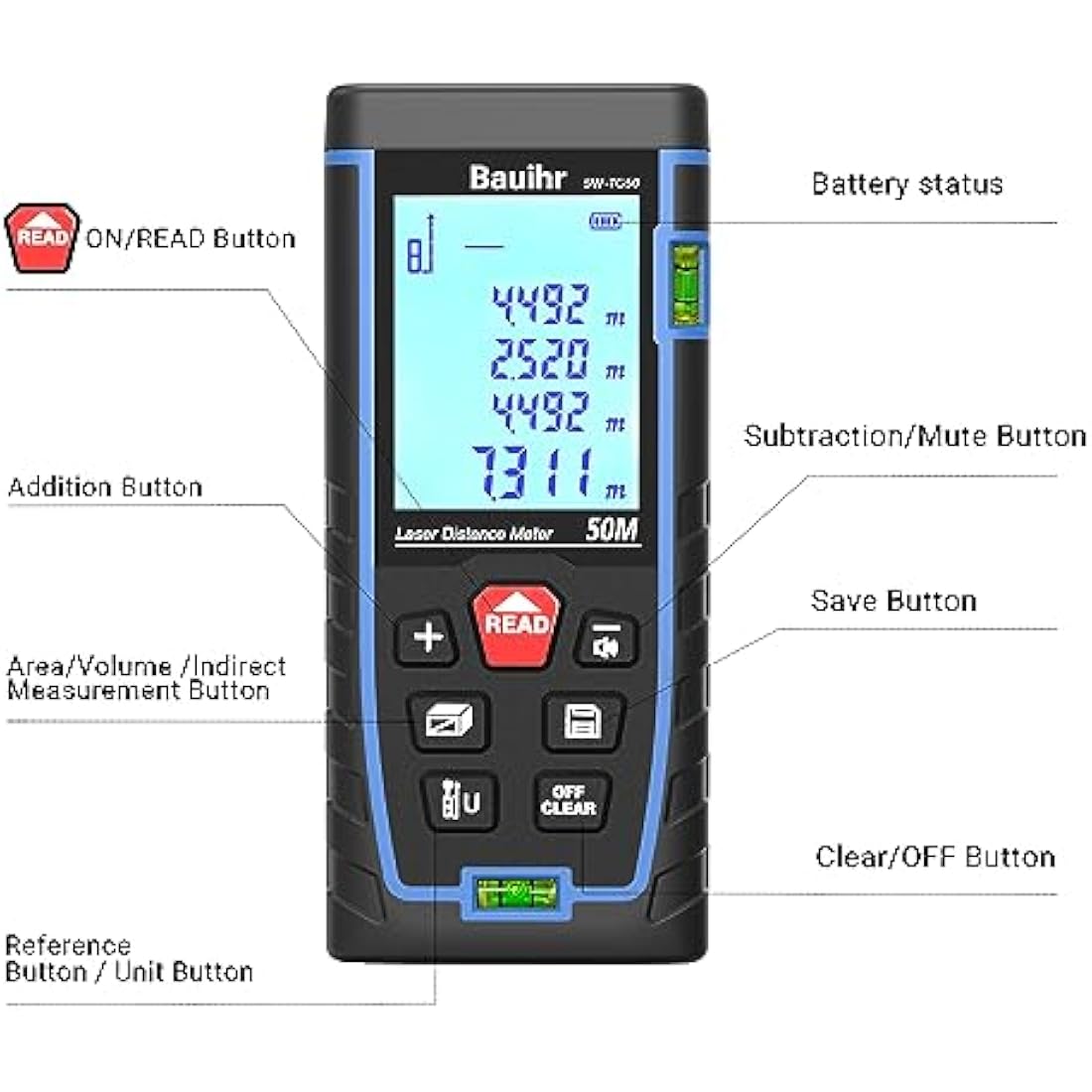 Bauihr Laser Measure Device | 165ft Distance Meter with 2 Bubble Levels