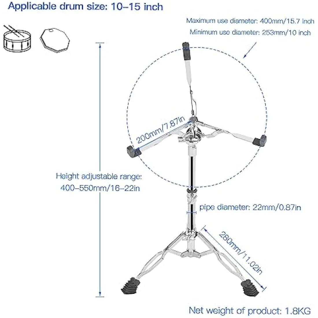 Aleawol Snare Drum Stand | Double Braced Adjustable Height 16-22 Inch