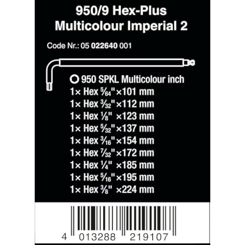 Wera 950/9 Hex-Plus Multicolour Imperial L-Key Set, 9-Piece Tool Kit
