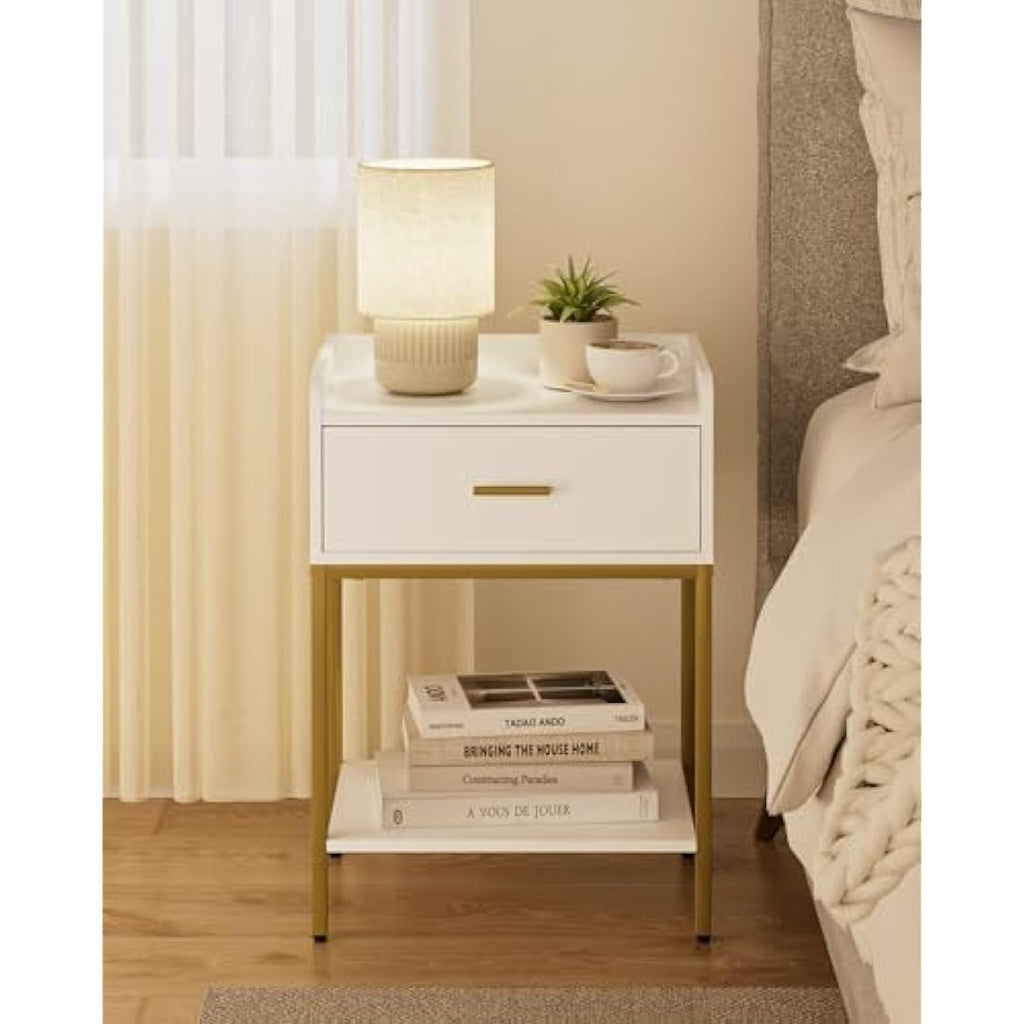 Modern Nightstand | 3-Tier White Bedside Table with Gold Legs