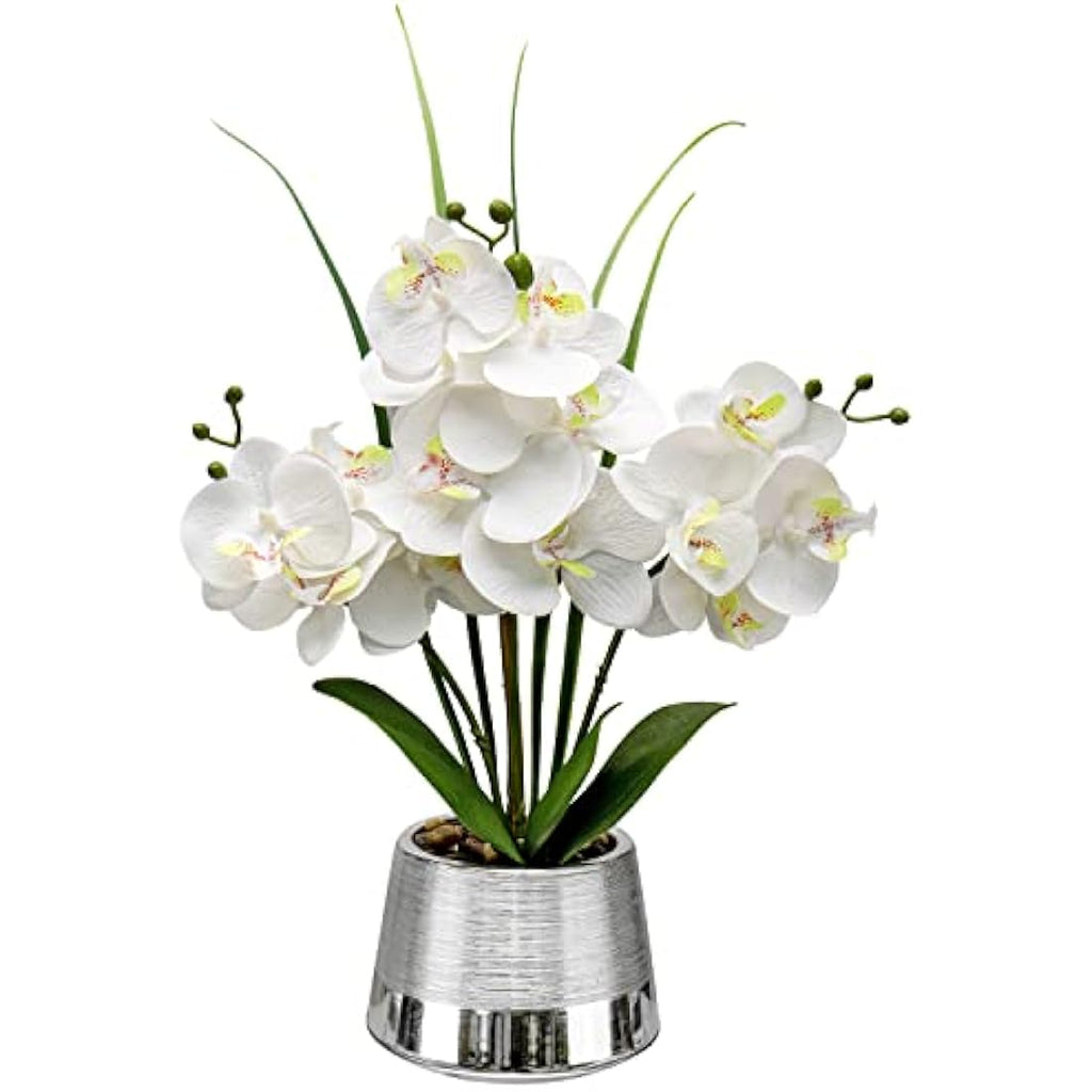 Oairse White Artificial Orchid in Silver Pot – 40cm Real Touch Silk Plant
