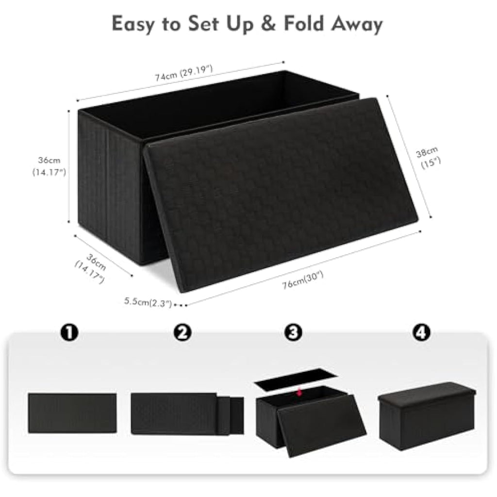 Bonlife Foldable Faux Leather Storage Ottoman Bench - Black, 76cm
