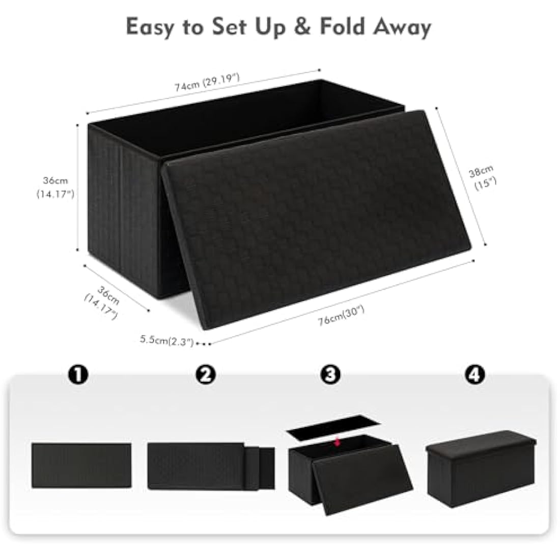 Bonlife Foldable Faux Leather Storage Ottoman Bench - Black, 76cm