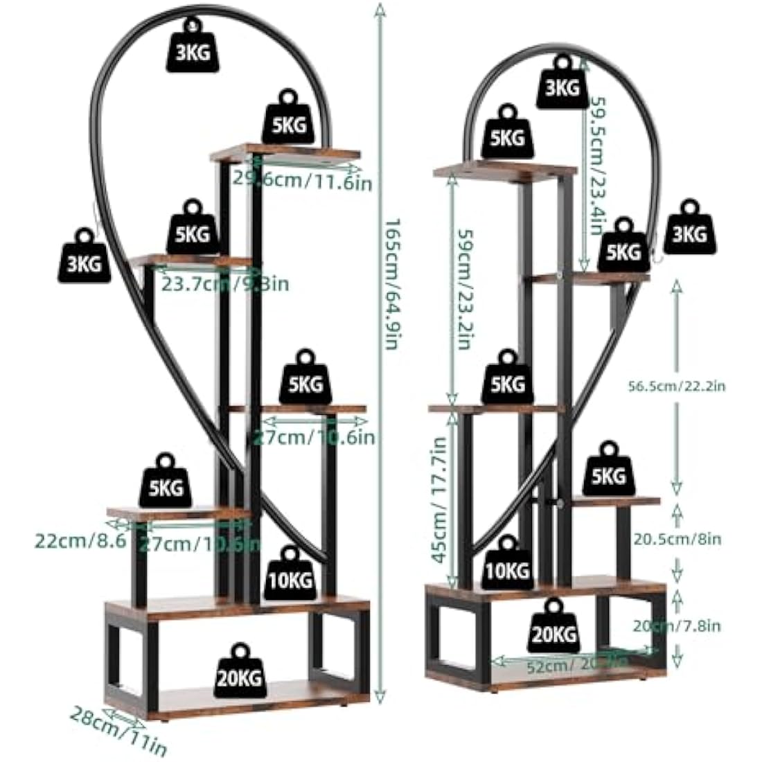 unho 6-Tier Heart Shaped Plant Stand – Tall Wood and Metal Flower Rack