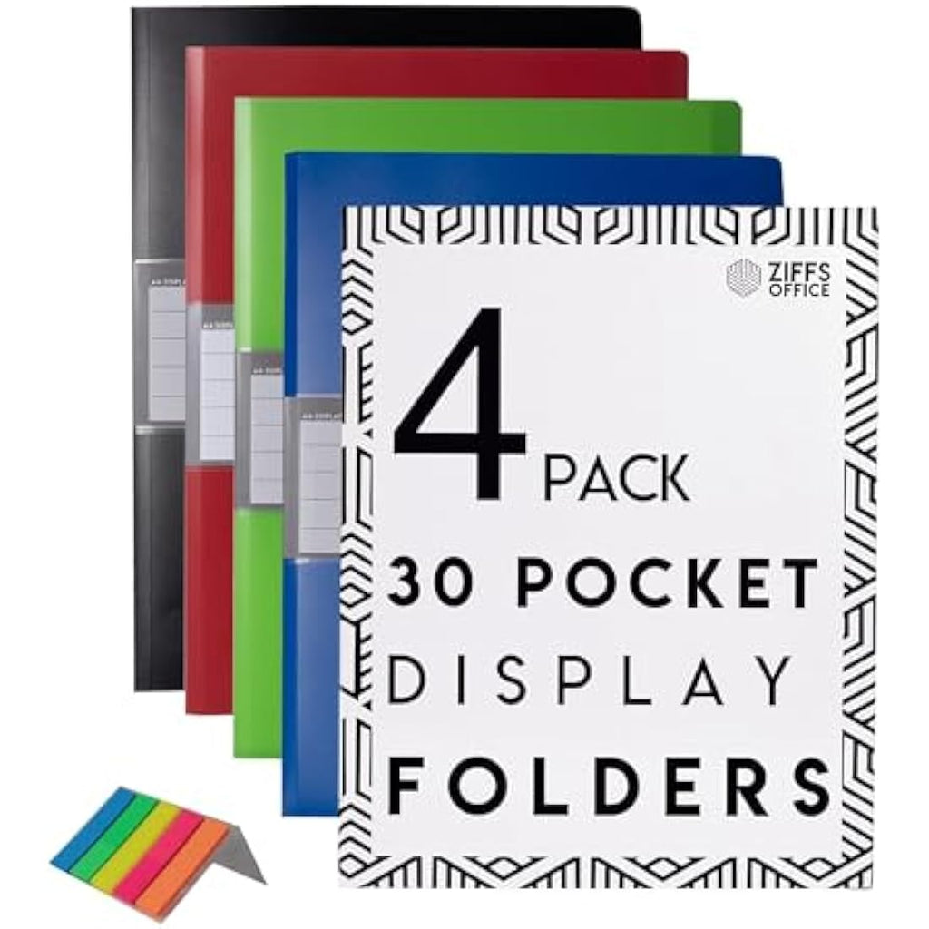 Ziffs Office A4 Display Folders - 4 Pack of 30 Pockets with Labels