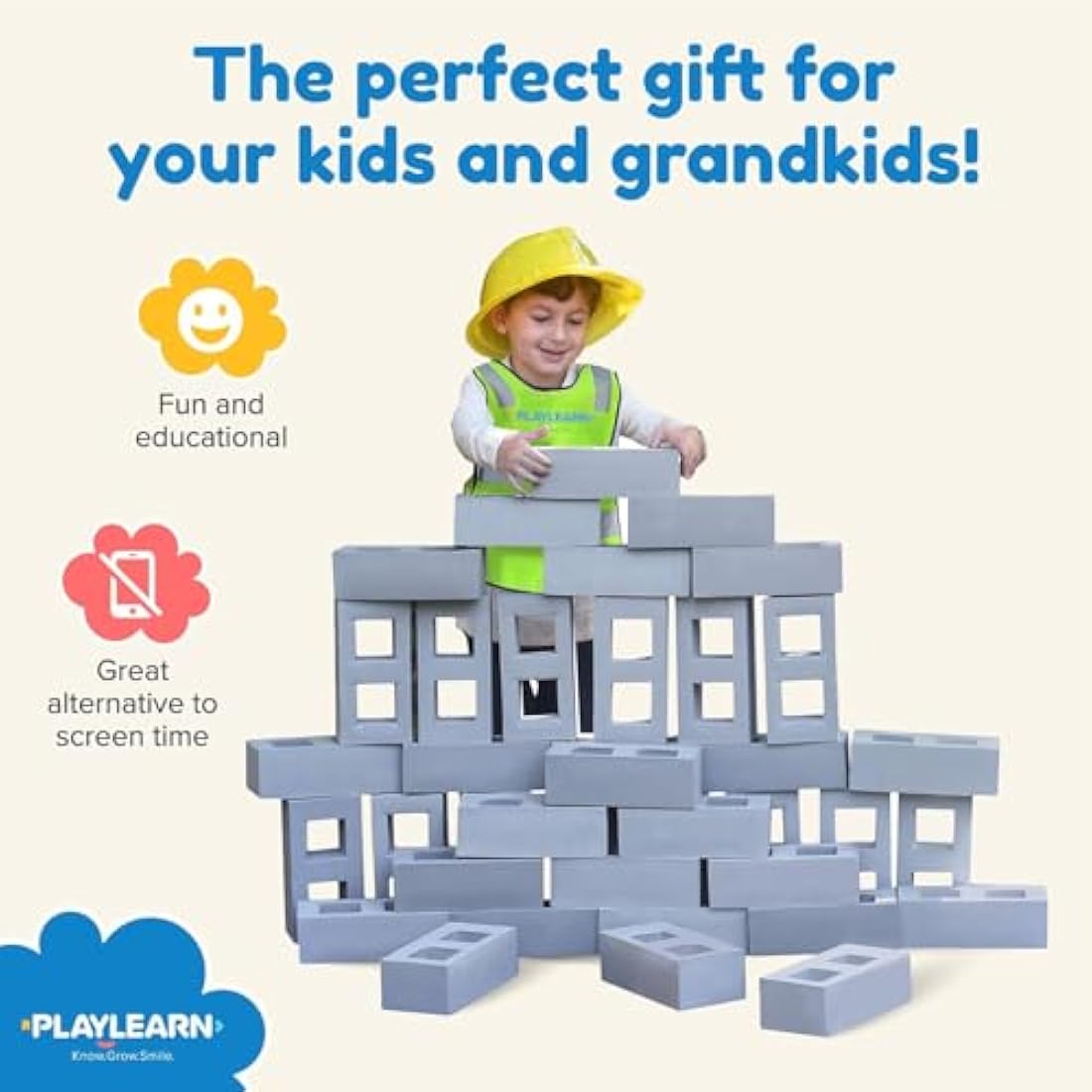 Playlearn Foam Breeze Block Construction Bricks for Kids, Grey - 20 Pack